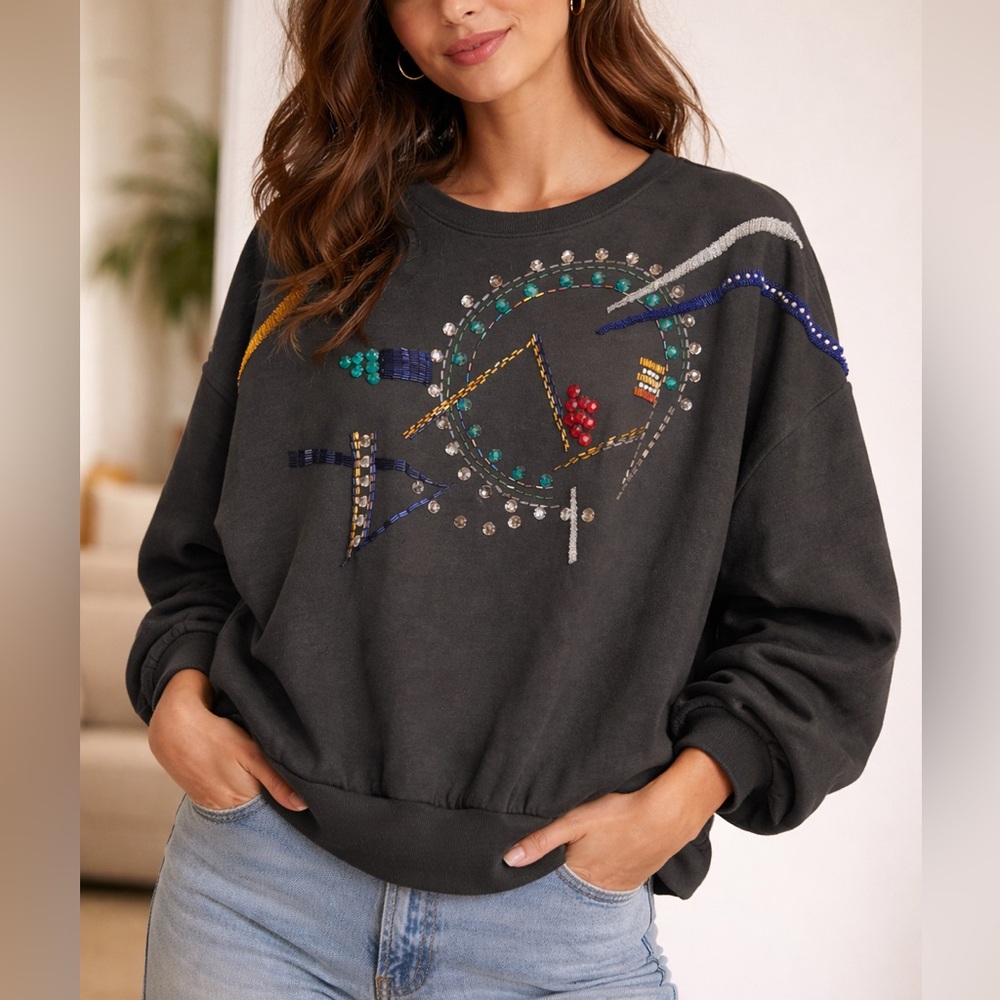 Alison Beaded Embellished Grey Sweatshirt vintage 80s blouse top disco retro m/l